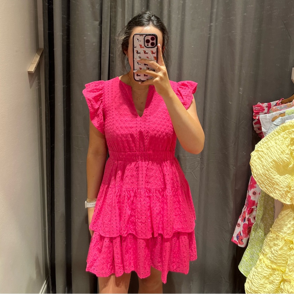 Olivaceous Bright Pink Eyelet Tiered Mini Dress